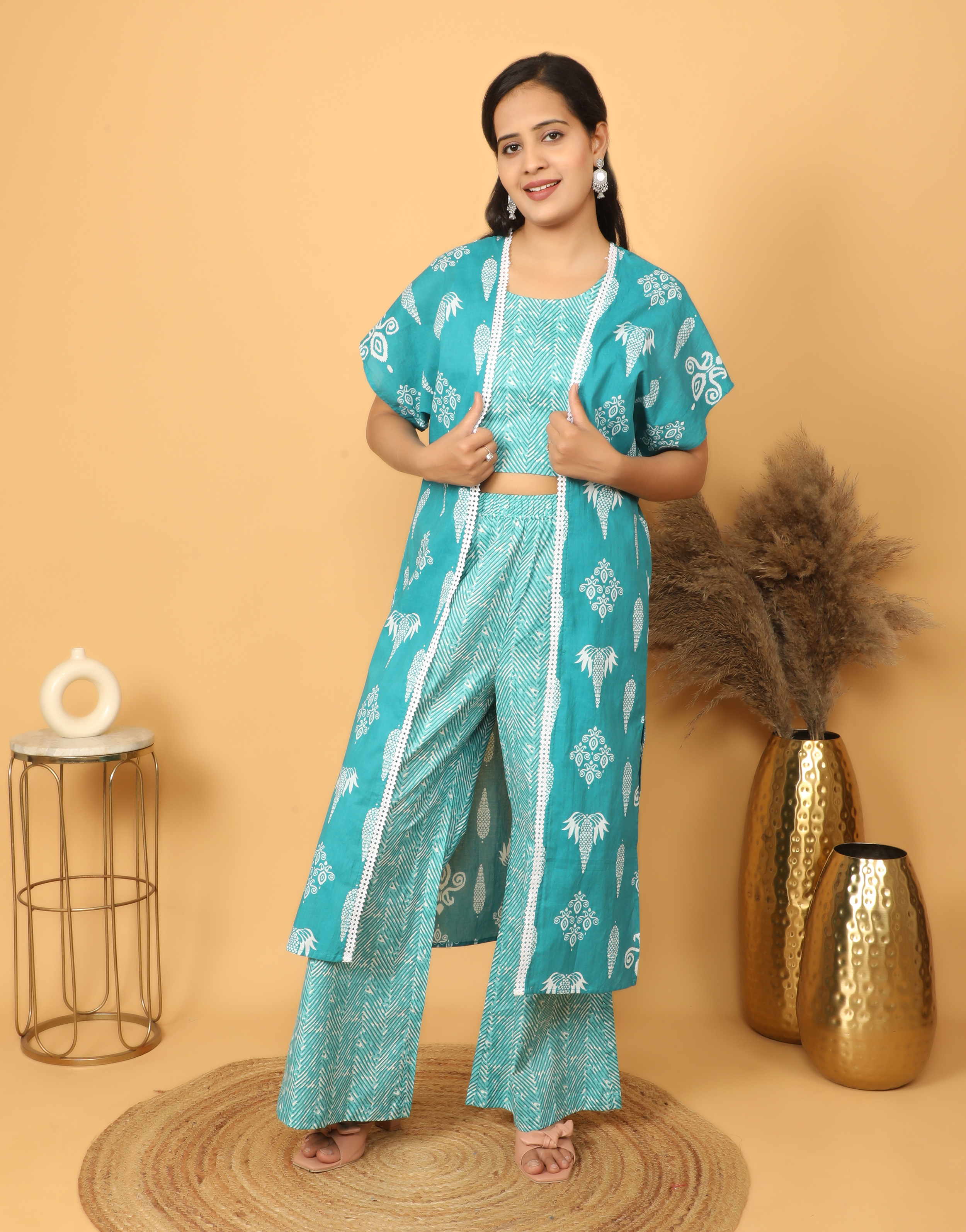 Blue Top with Palazzo & Printed Shrug