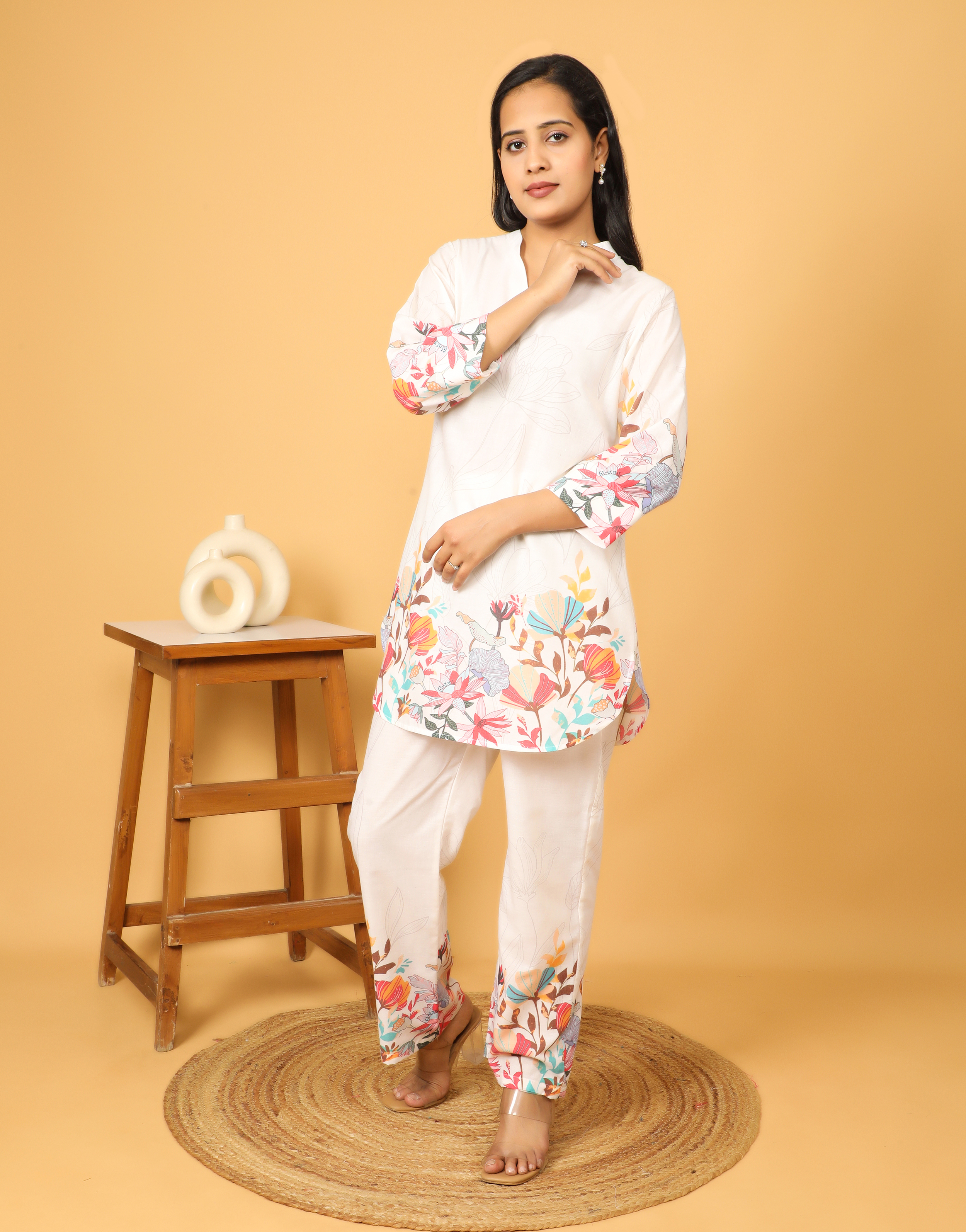 White Floral Printed Cotton Co-Ord Set