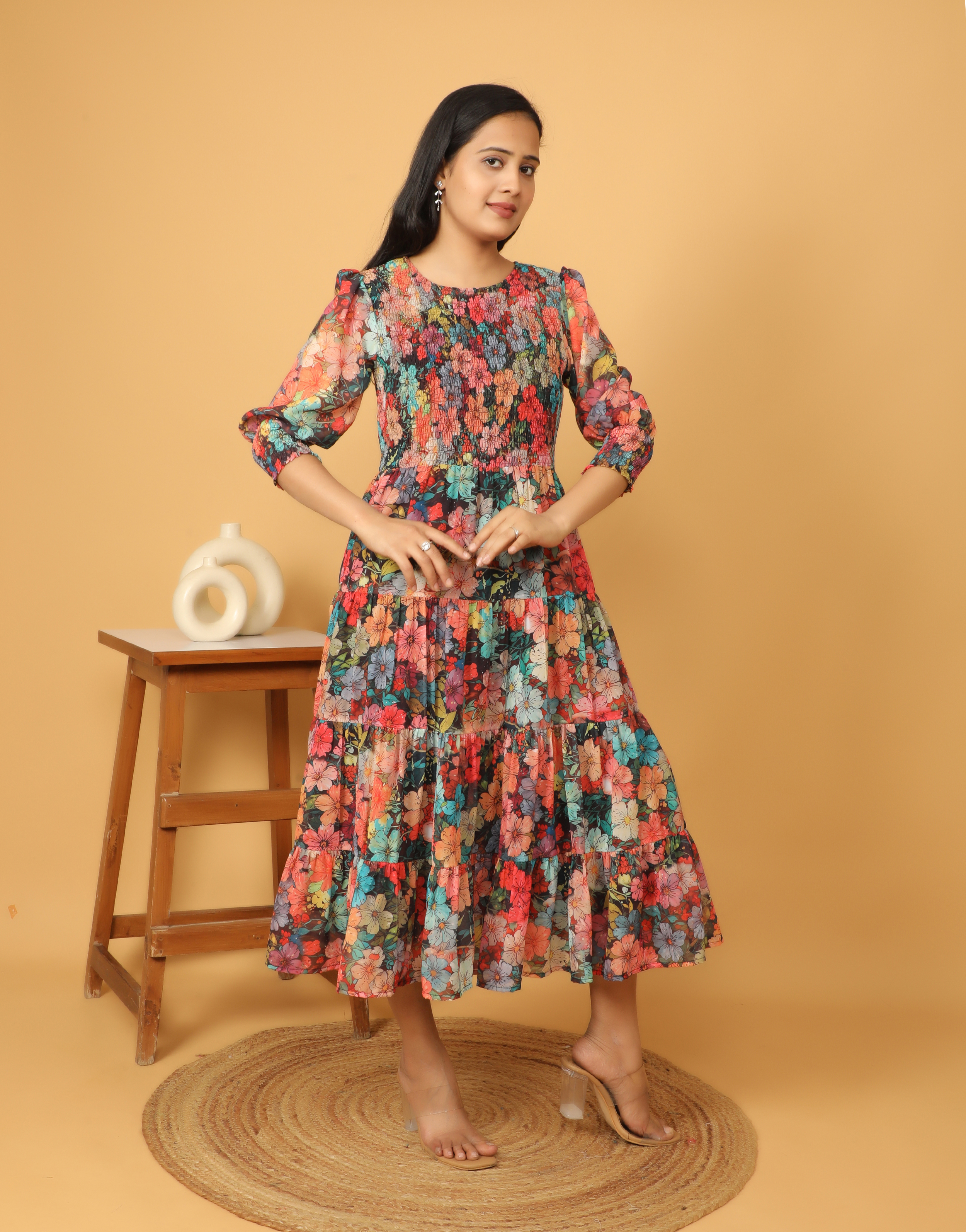 Multi Floral Printed Dress For Women