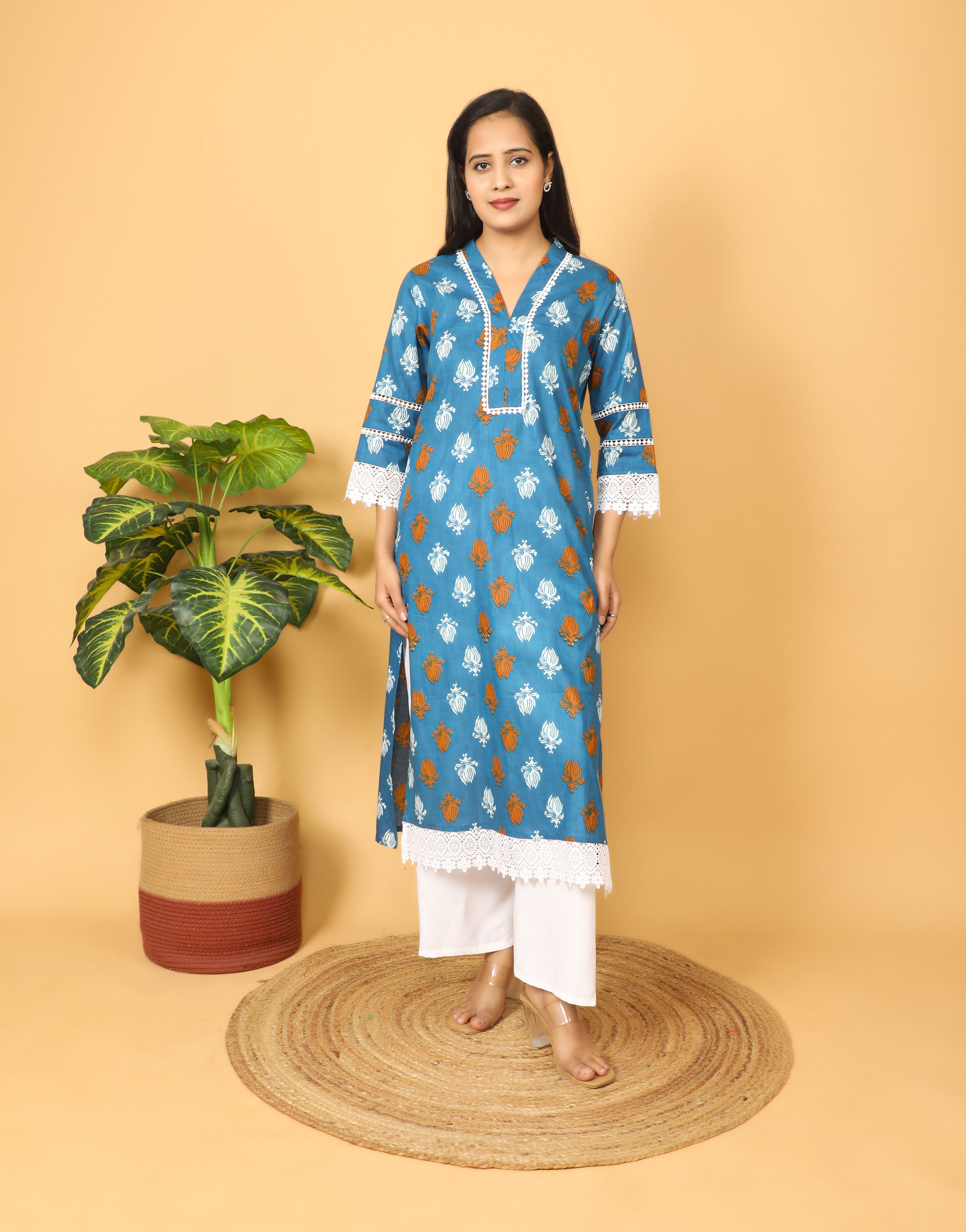 Blue Printed Calf-Length Kurta with Lace