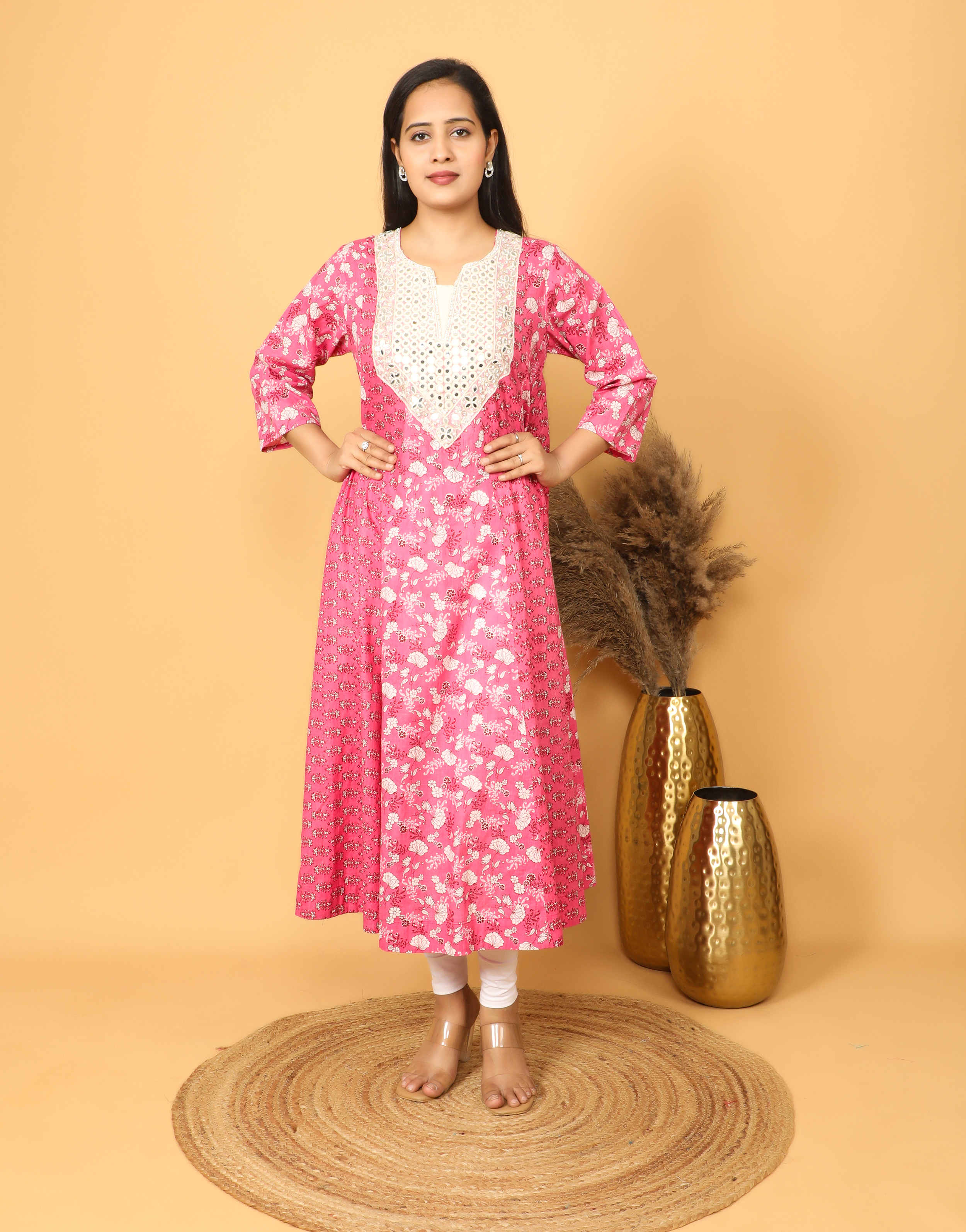 Women’s Pink Floral Cotton Kalidar Kurta