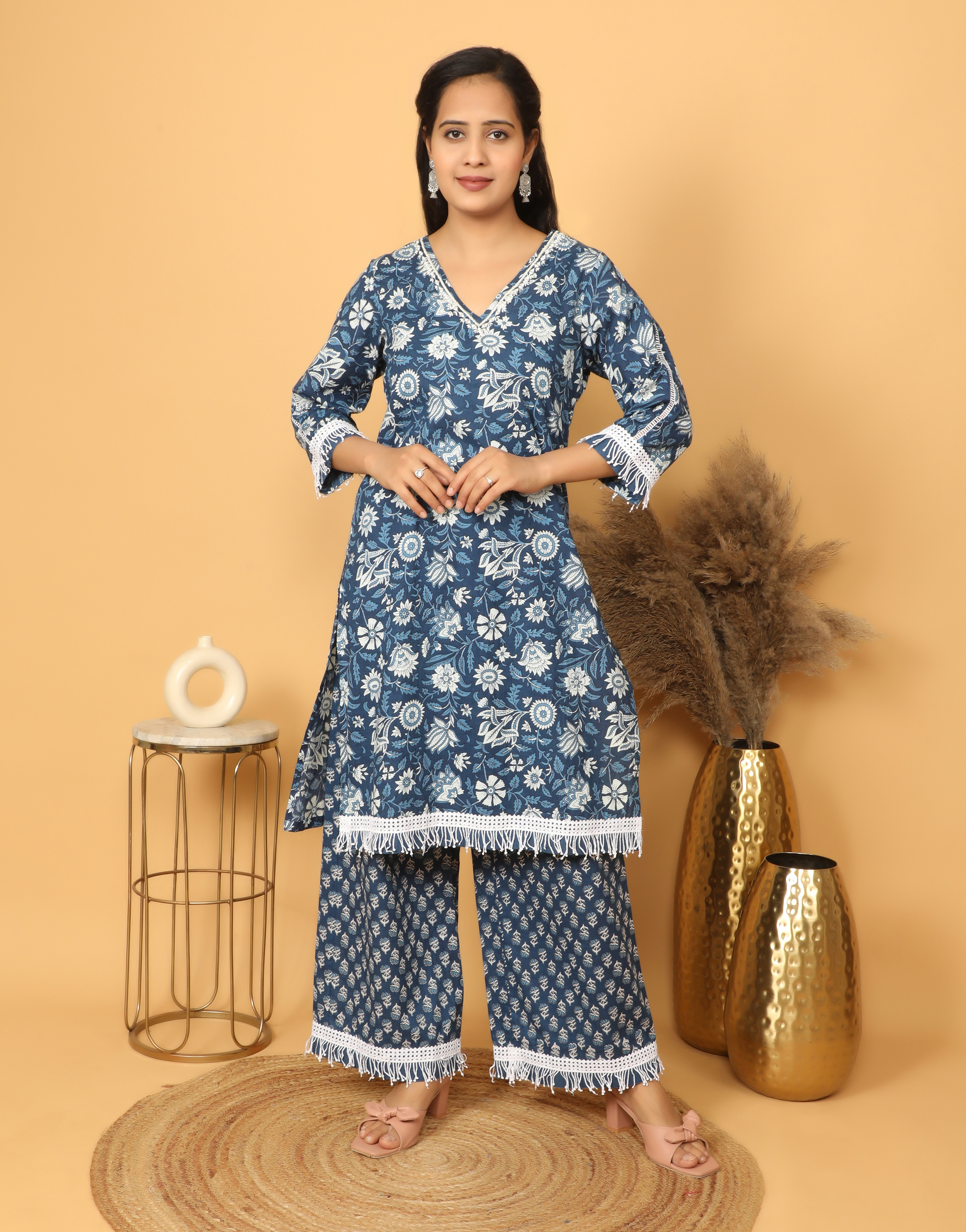 Blue Floral Printed Kurta Set with Lace