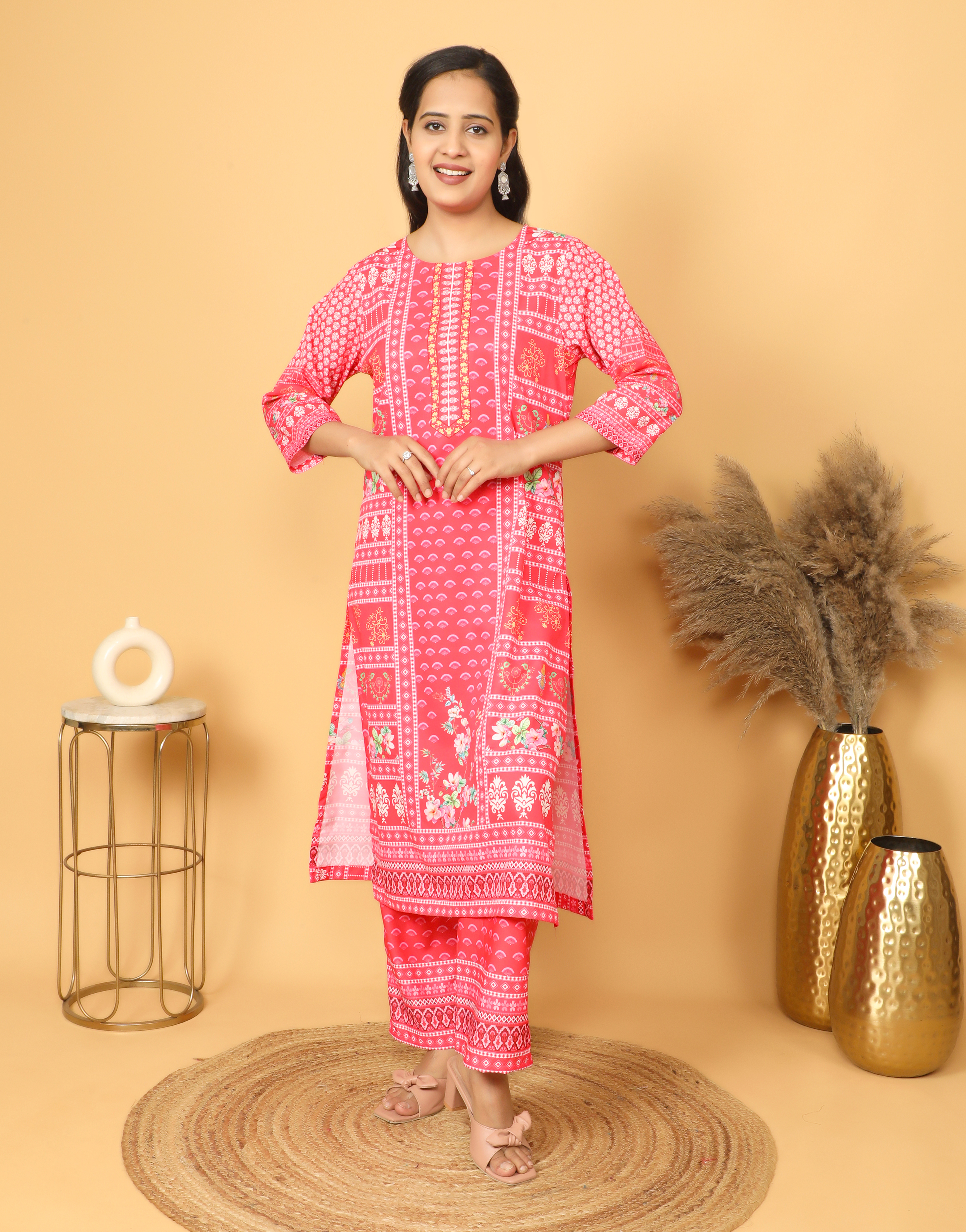 Womens Peach Printed Polyester Kurta Set