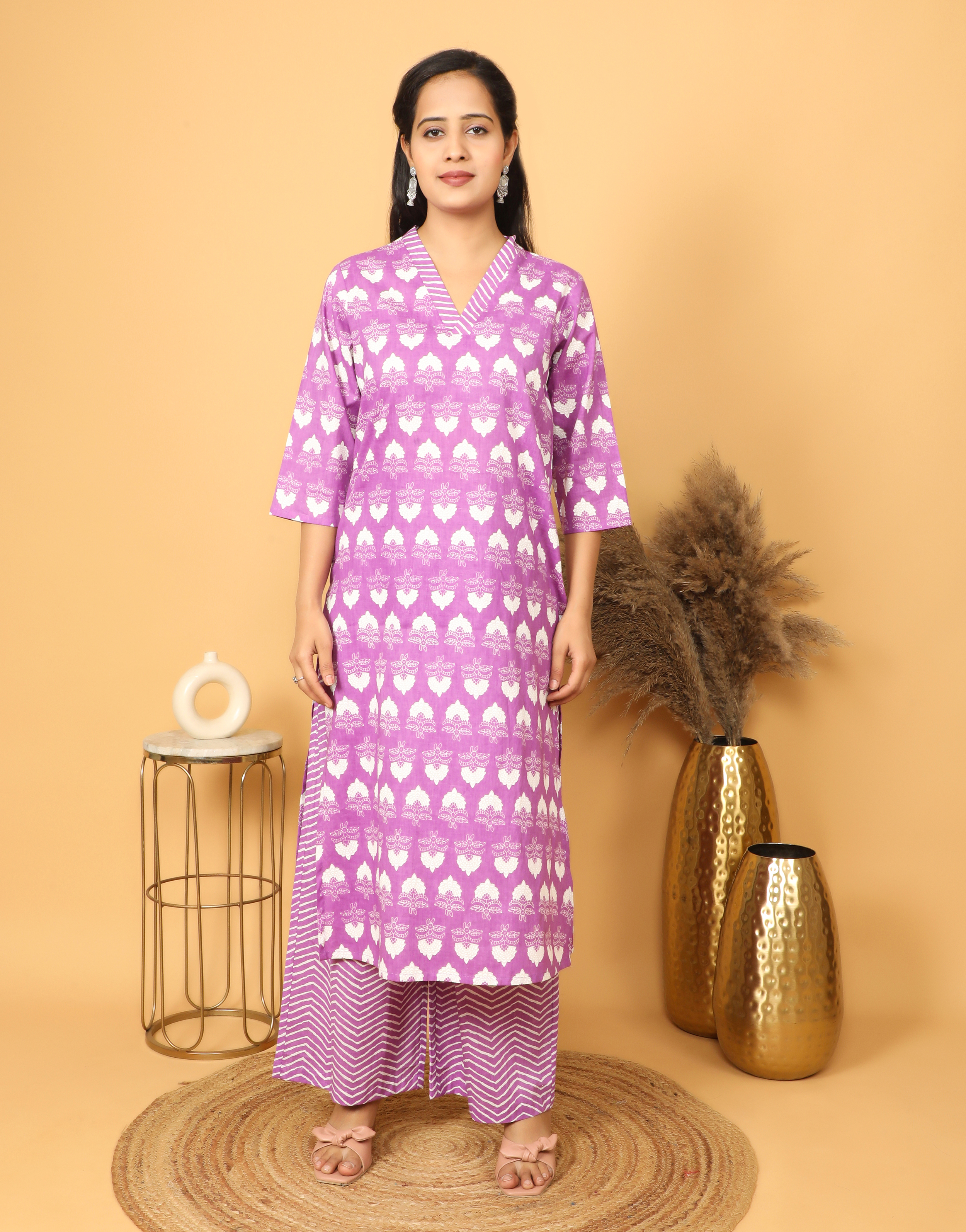Women's Purple Printed Cotton Kurta Set