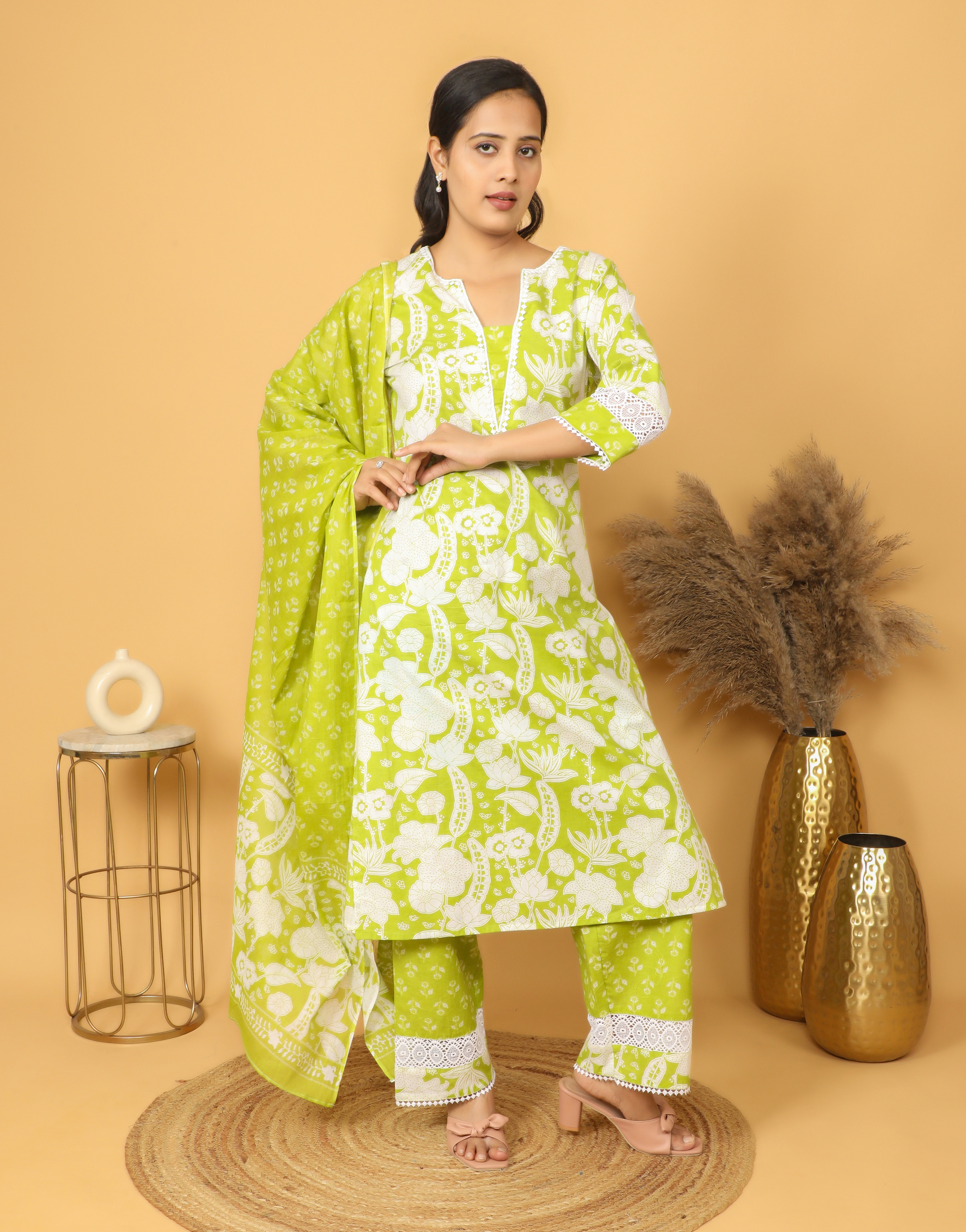 Green Printed Kurta Set with Dupatta