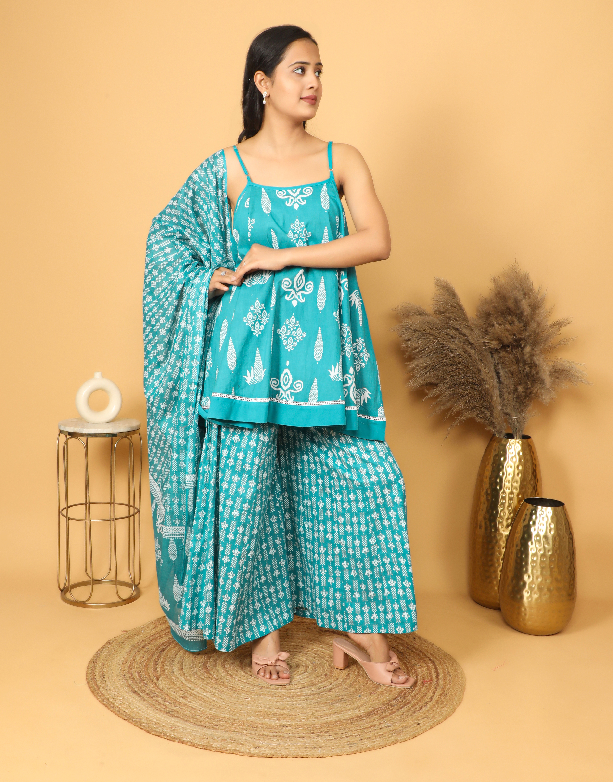Blue Panel Kurta With Printed Plazzo