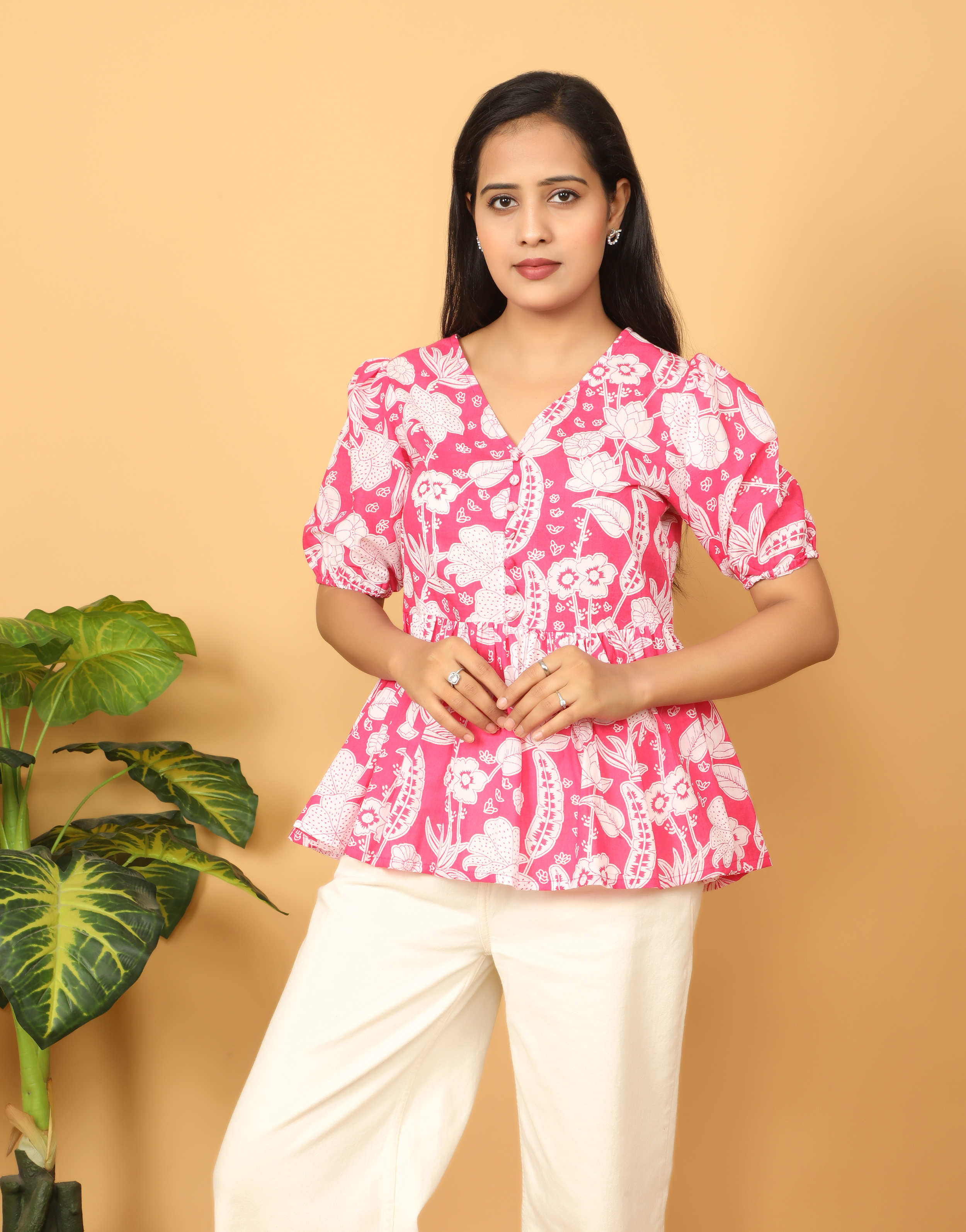 Women's Pink Floral Printed Flared Top
