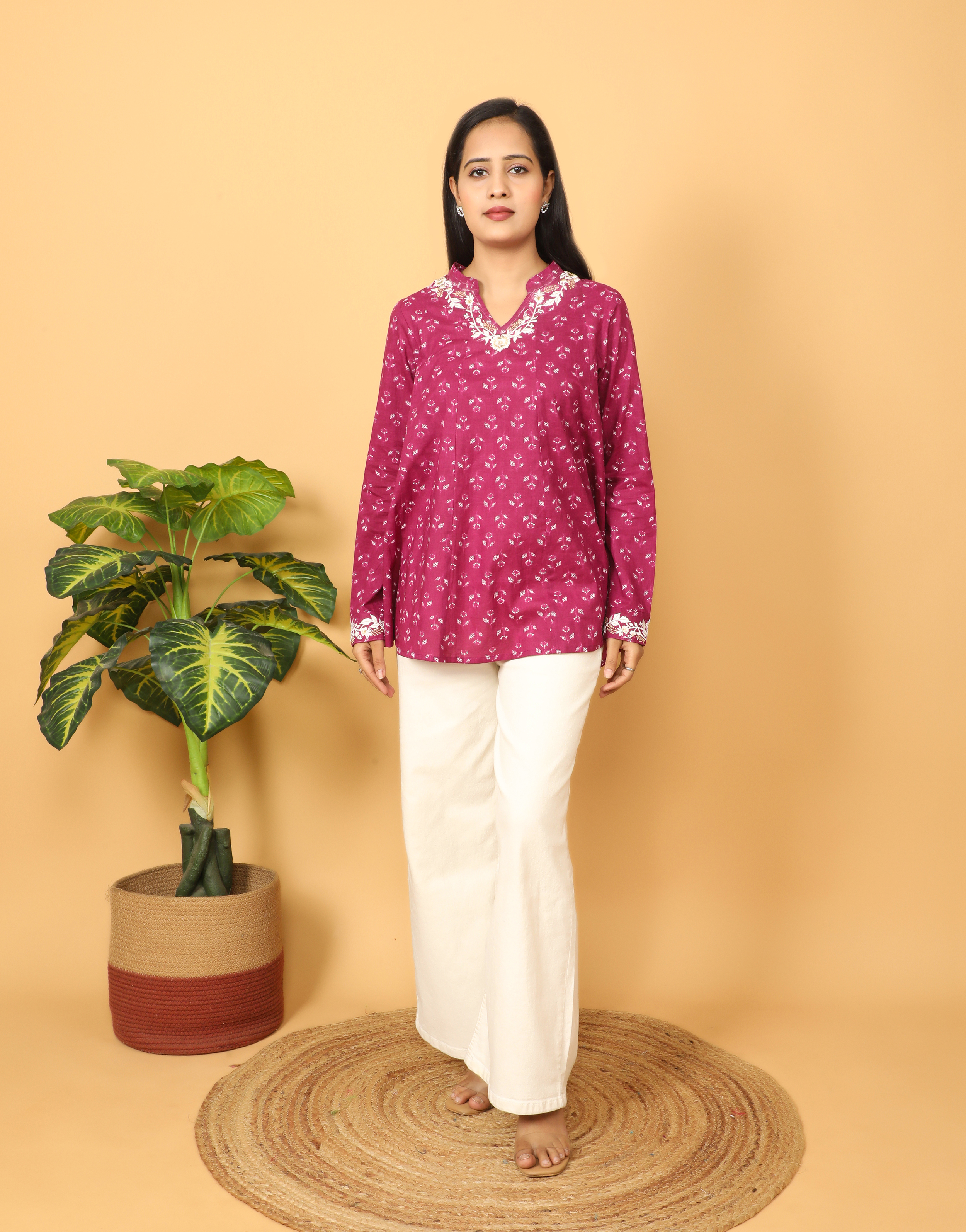 Floral Pannel Top With Neck Embroidered