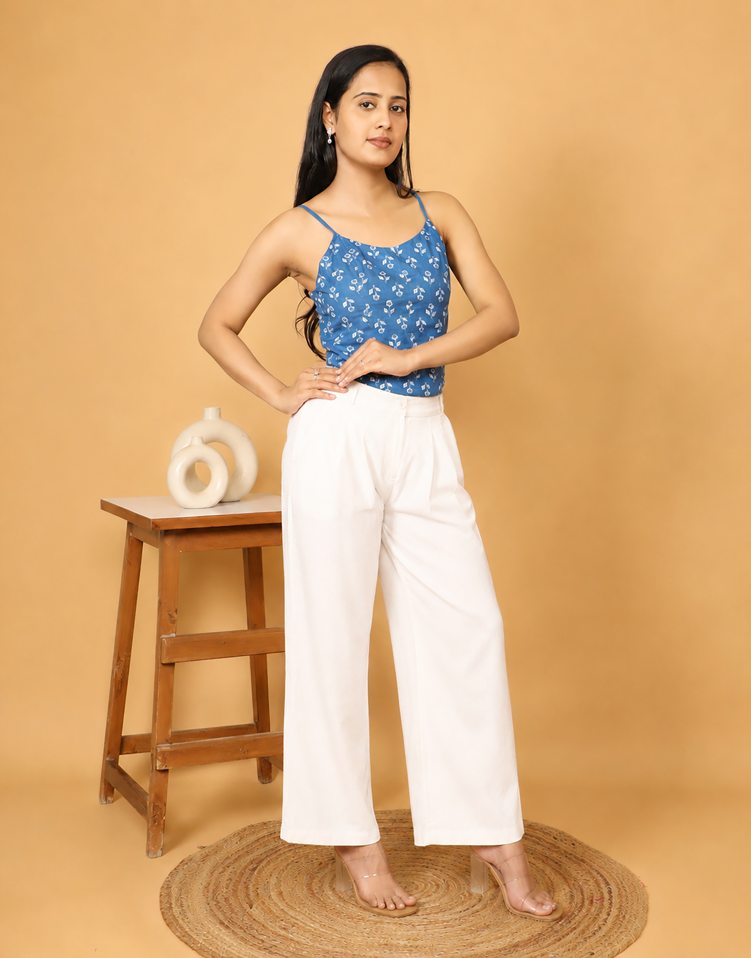 Blue Printed Sleeveless Short Top