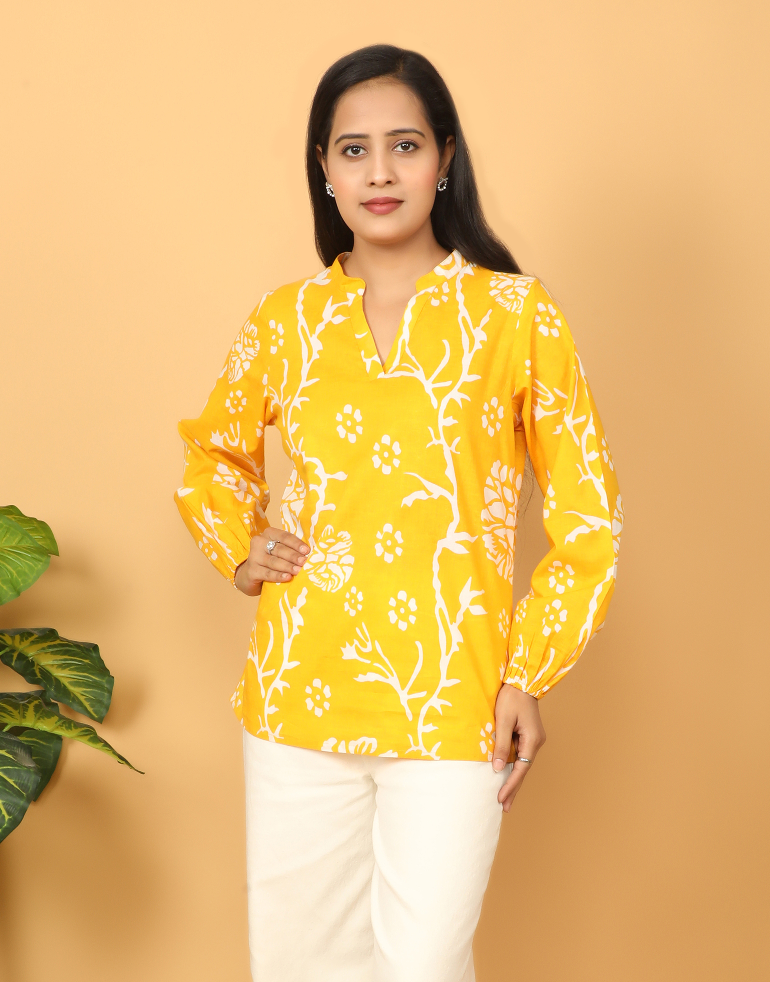 Womens Stylish Yellow Printed Cotton Top