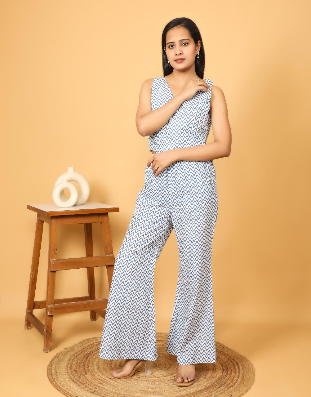 Blue Zig Zag Printed Cotton Co-Ord Set