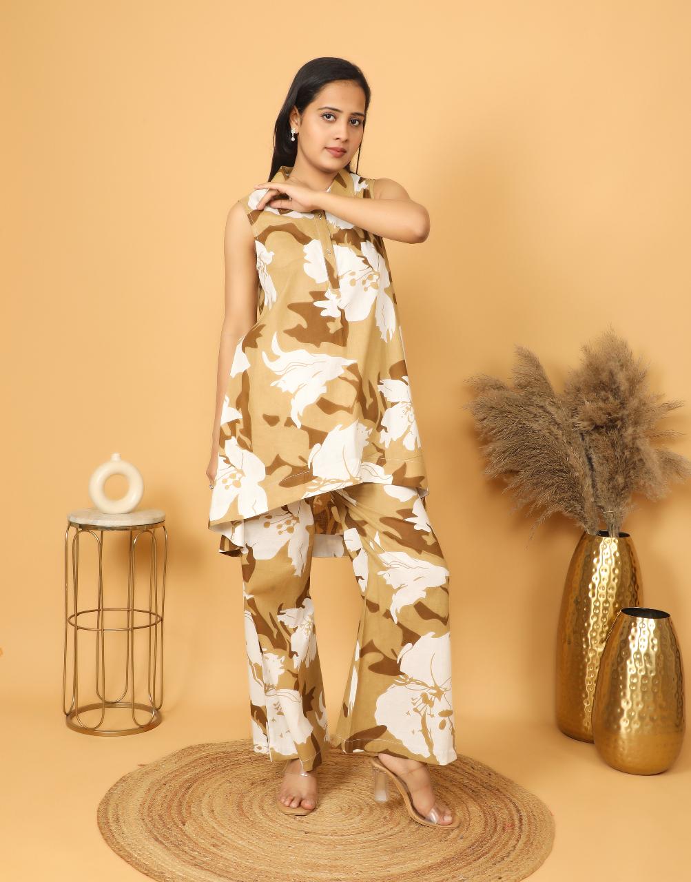 Beige Floral Printed Cotton Co-ord Set