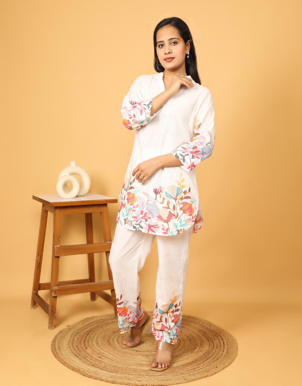 White Floral Printed Cotton Co-Ord Set