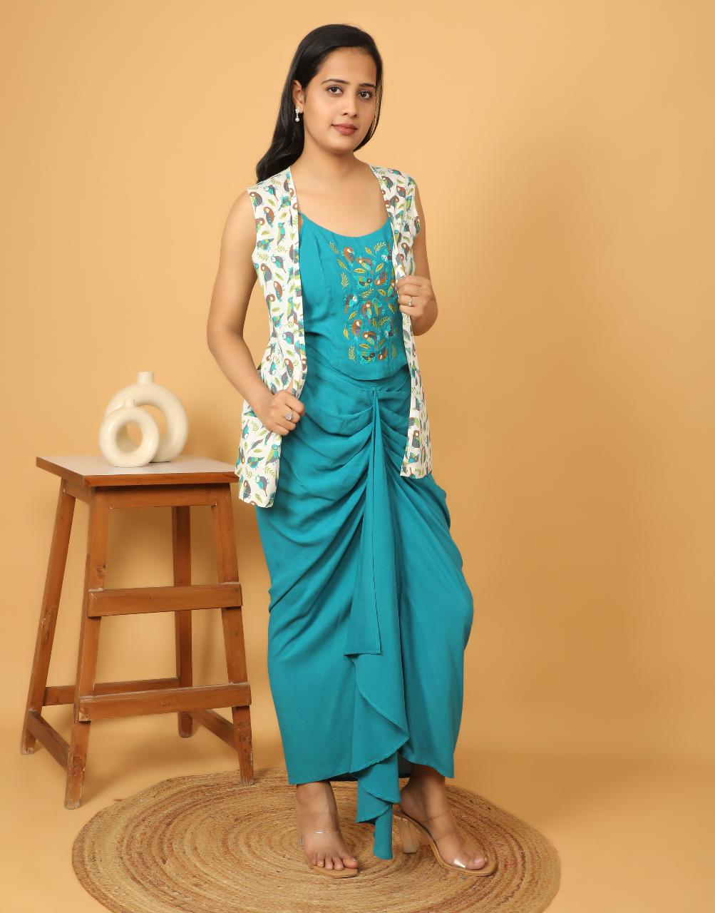 Blue Dhoti Style Embroidered Co-Ord Set