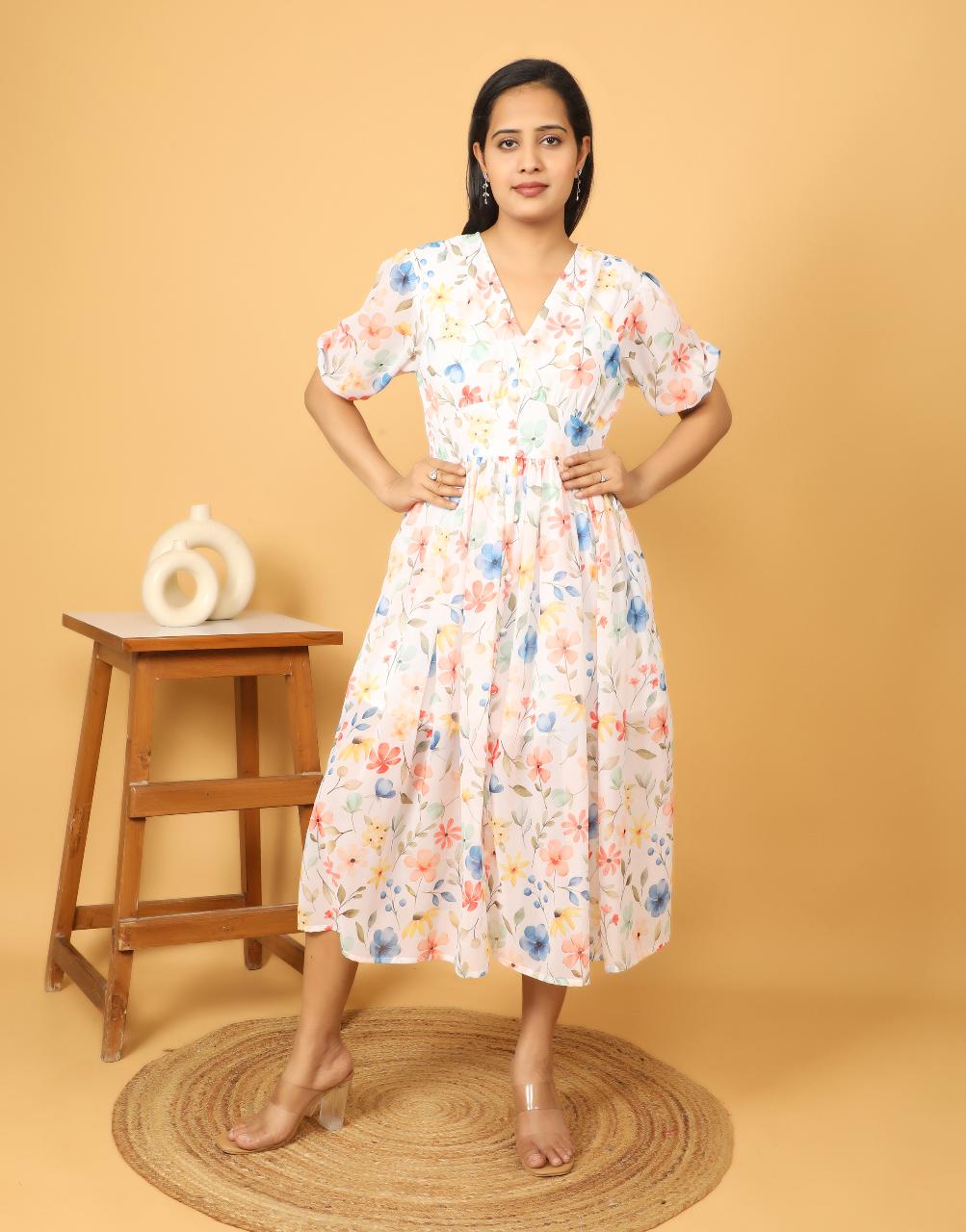 Women's Floral Printed Flared Long Dress