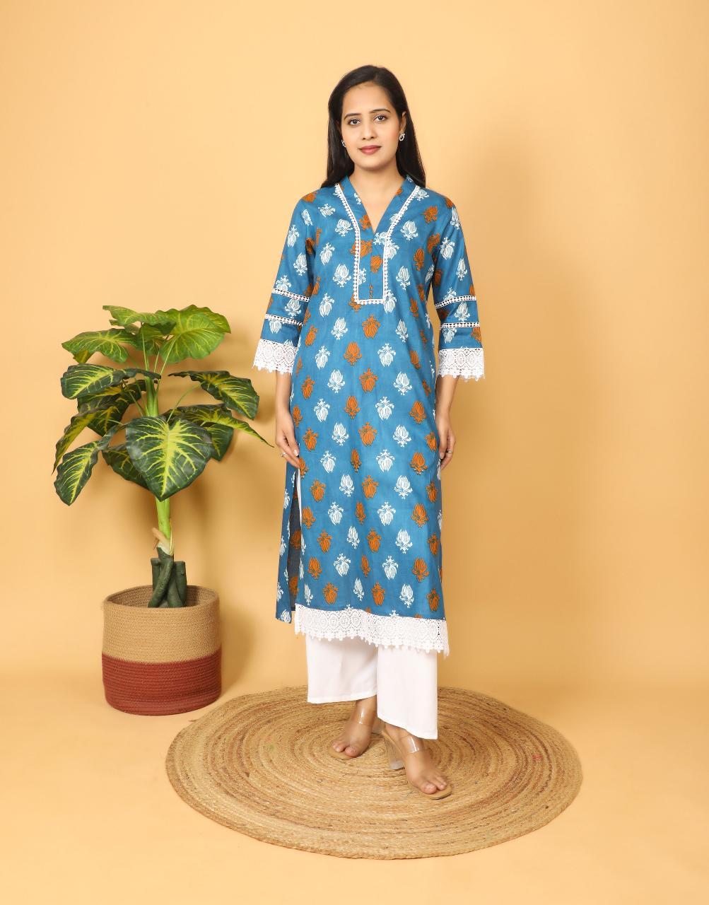 Blue Printed Calf-Length Kurta with Lace