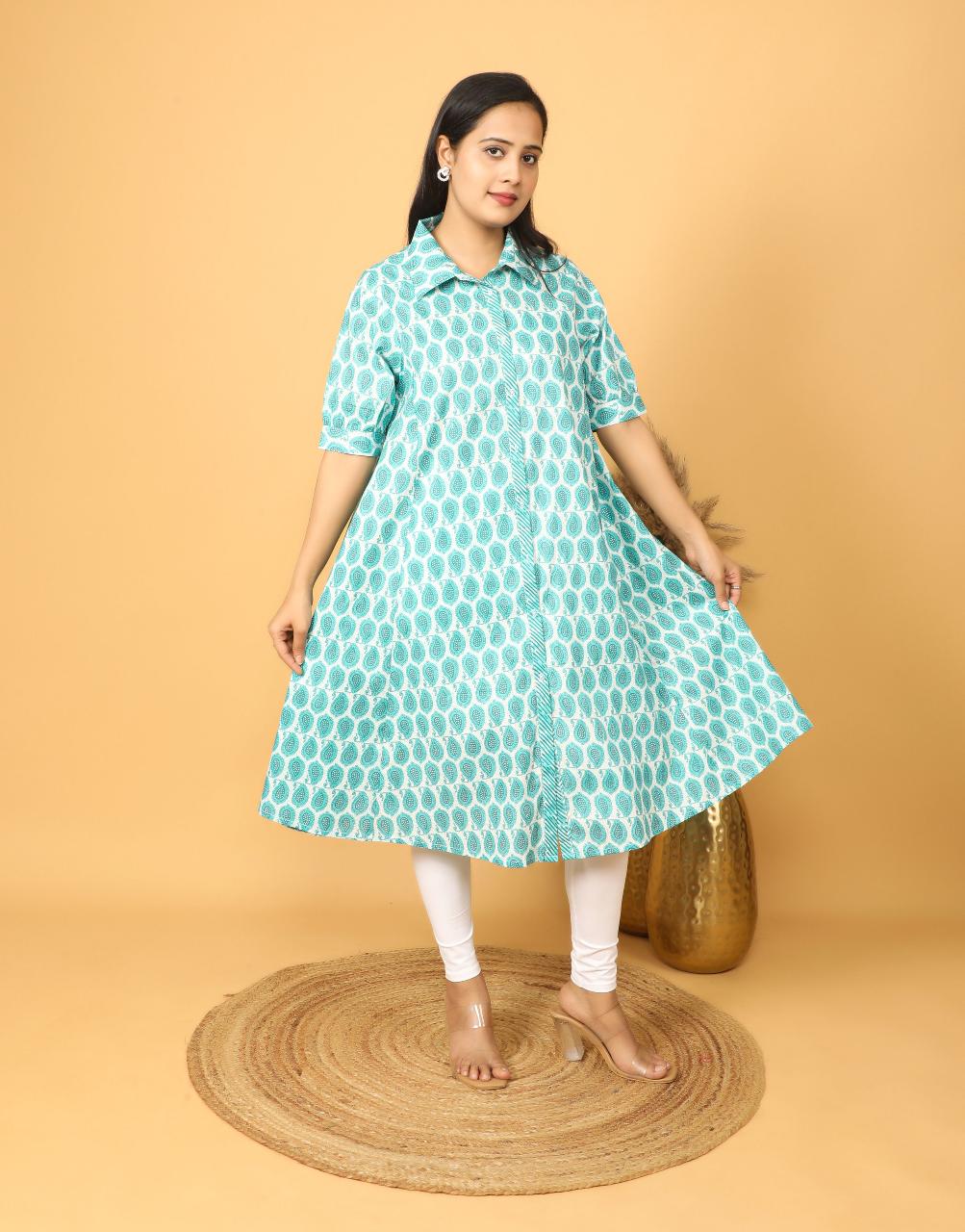 Women's Blue Printed Shirt Collar Kurta