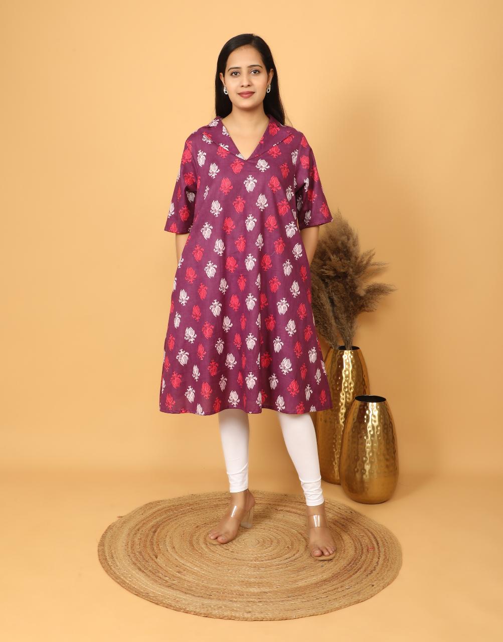 Womens Stylish Pink Printed Cotton Kurta