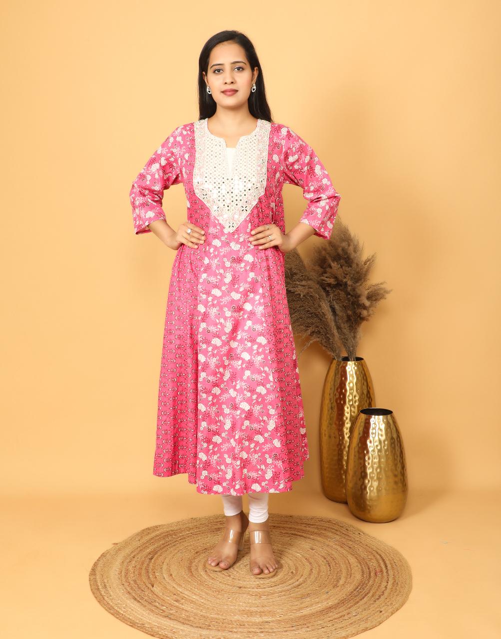 Women’s Pink Floral Cotton Kalidar Kurta