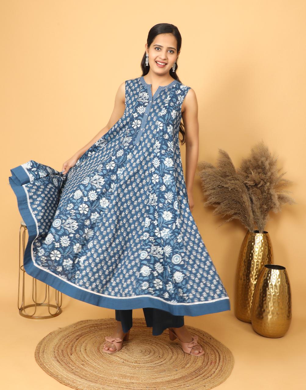 Blue Floral Printed Anarkali Kurta Set