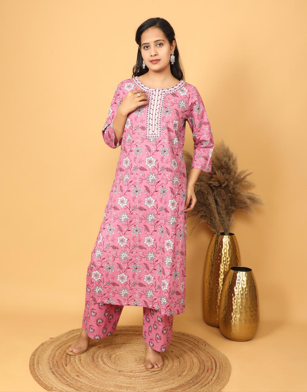 Womens Pink Embroidery Printed Kurta Set