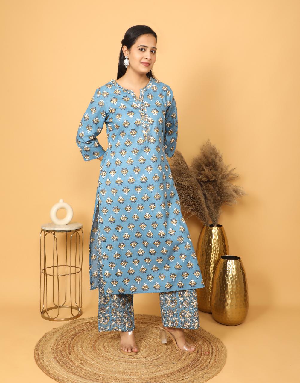 Stylish Blue Printed Cotton Kurta Set