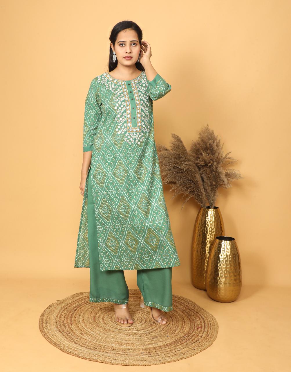 Womens Green Bandhani Print Cotton Kurta
