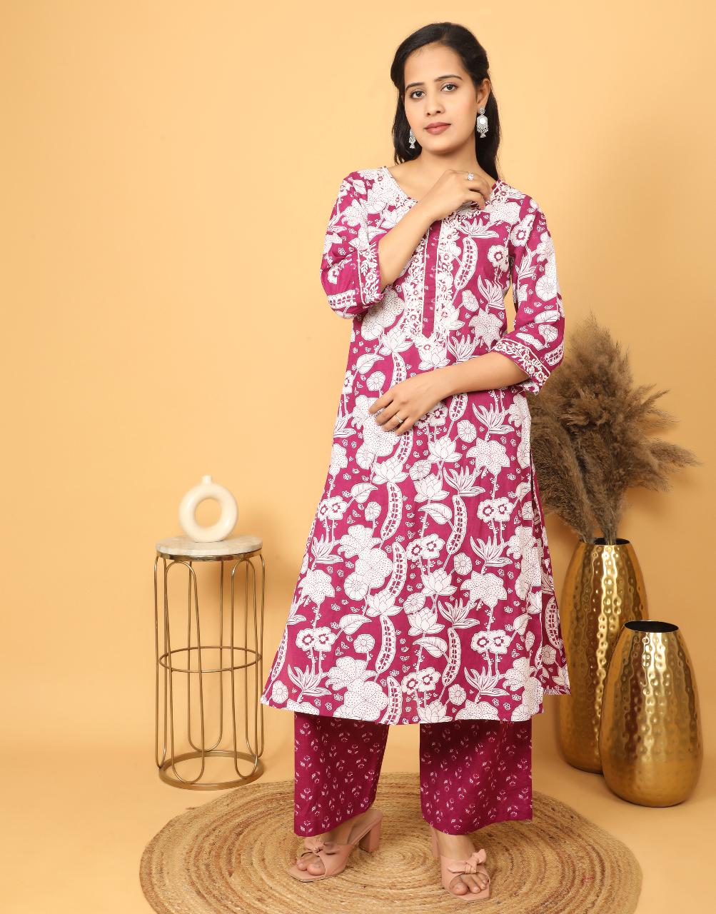 Womens Pink Printed Cotton Kurta Set