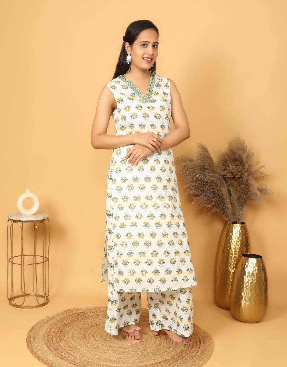 Elegant White Printed Cotton Kurta Set
