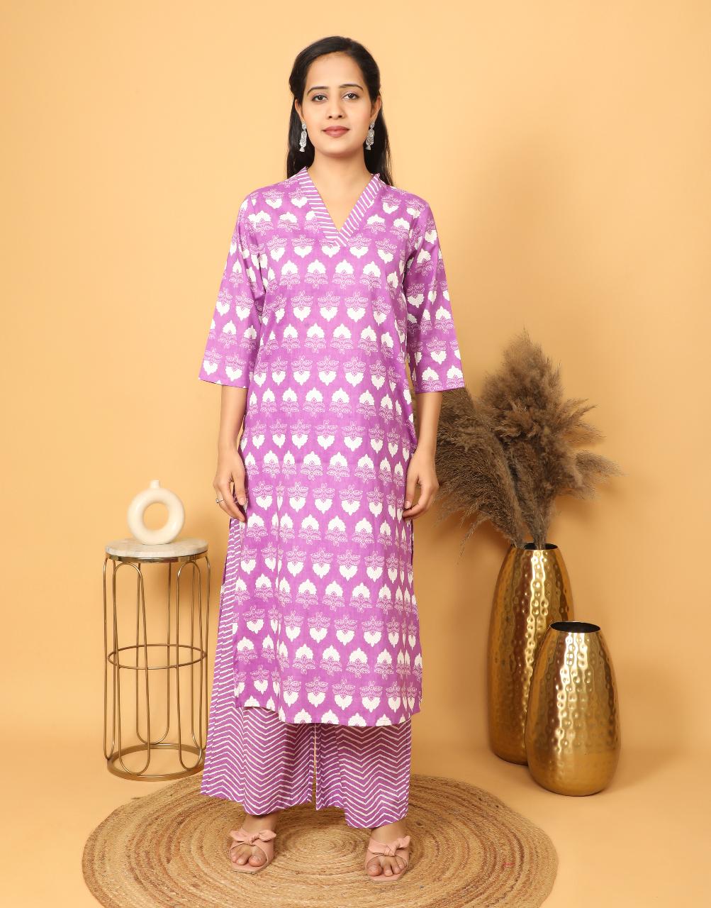 Women's Purple Printed Cotton Kurta Set
