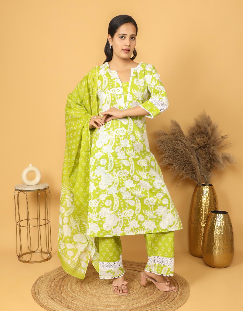 Green Printed Kurta Set with Dupatta