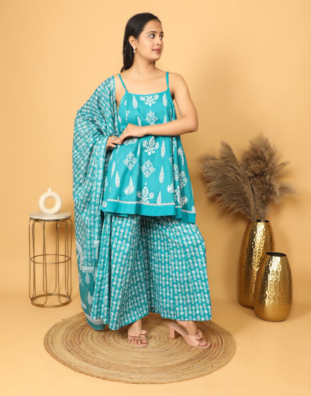 Blue Panel Kurta With Printed Plazzo