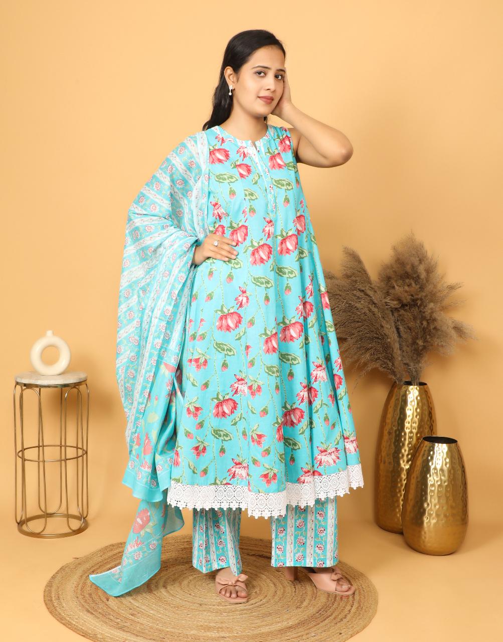 Blue kalidar printed kurta Set