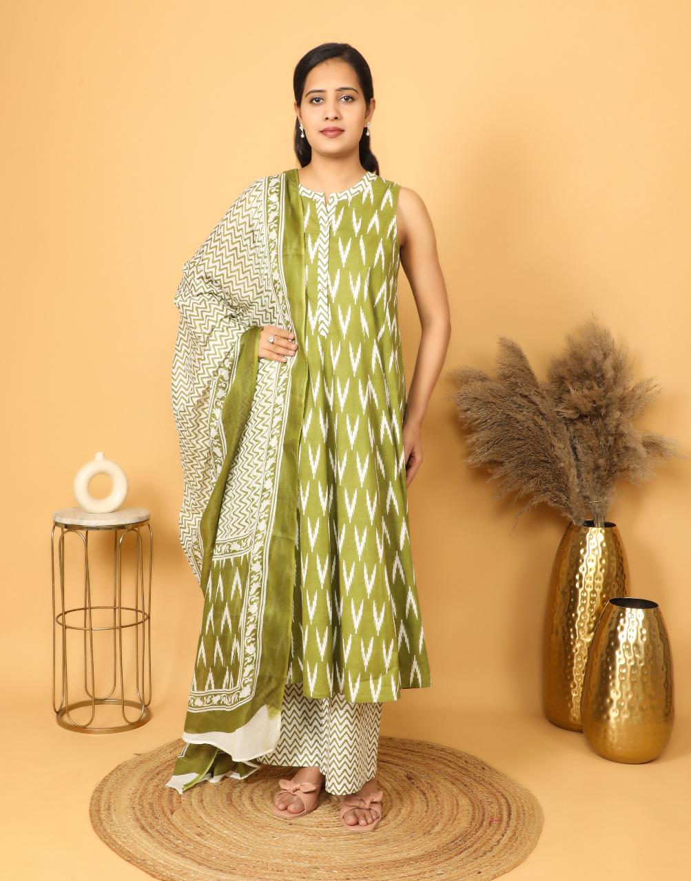 Green Kalidar Print Anarkali Suit Set