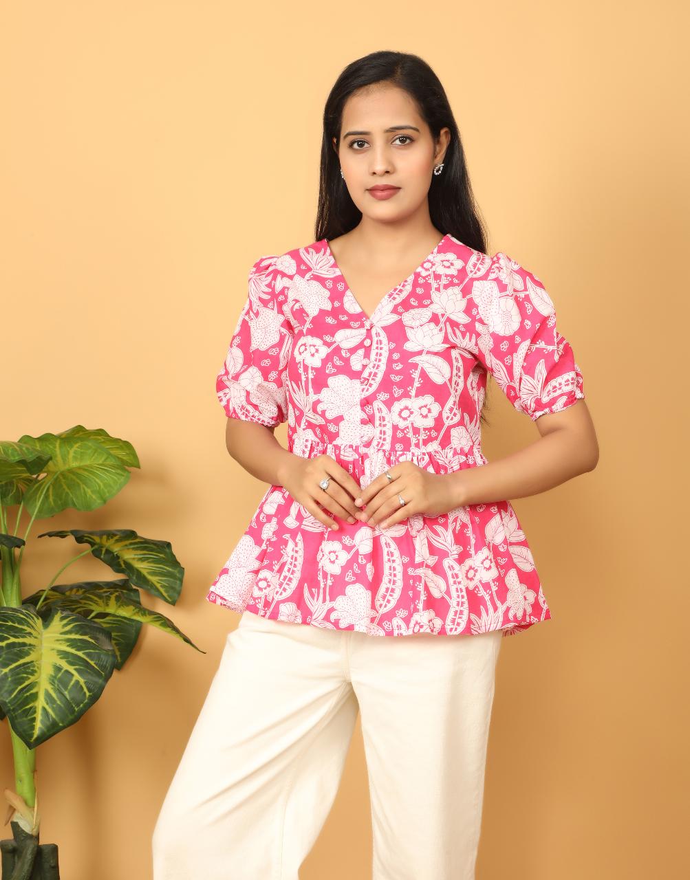 Women's Pink Floral Printed Flared Top