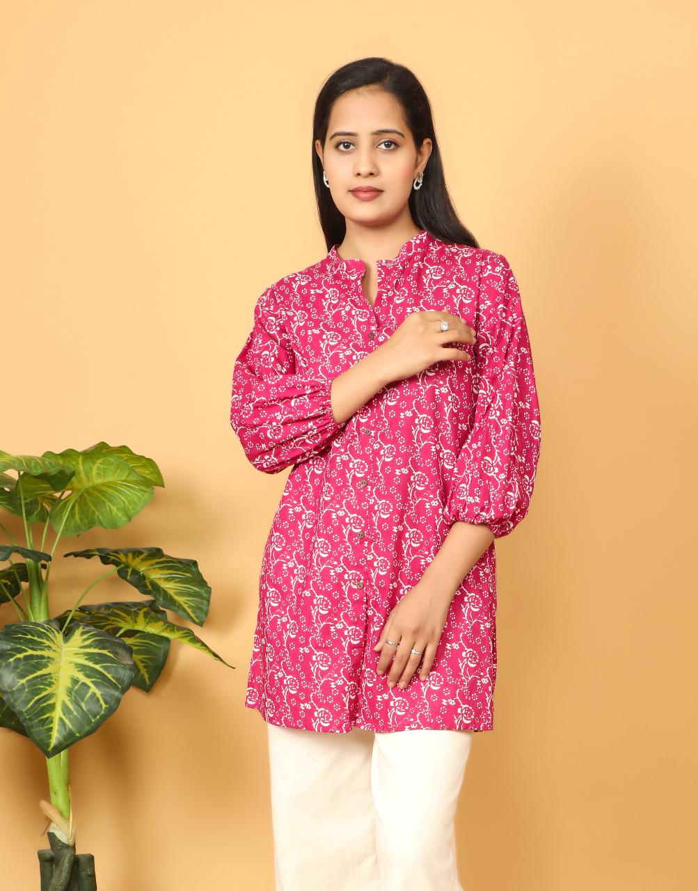 Womens Pink Printed Cotton Straight Top