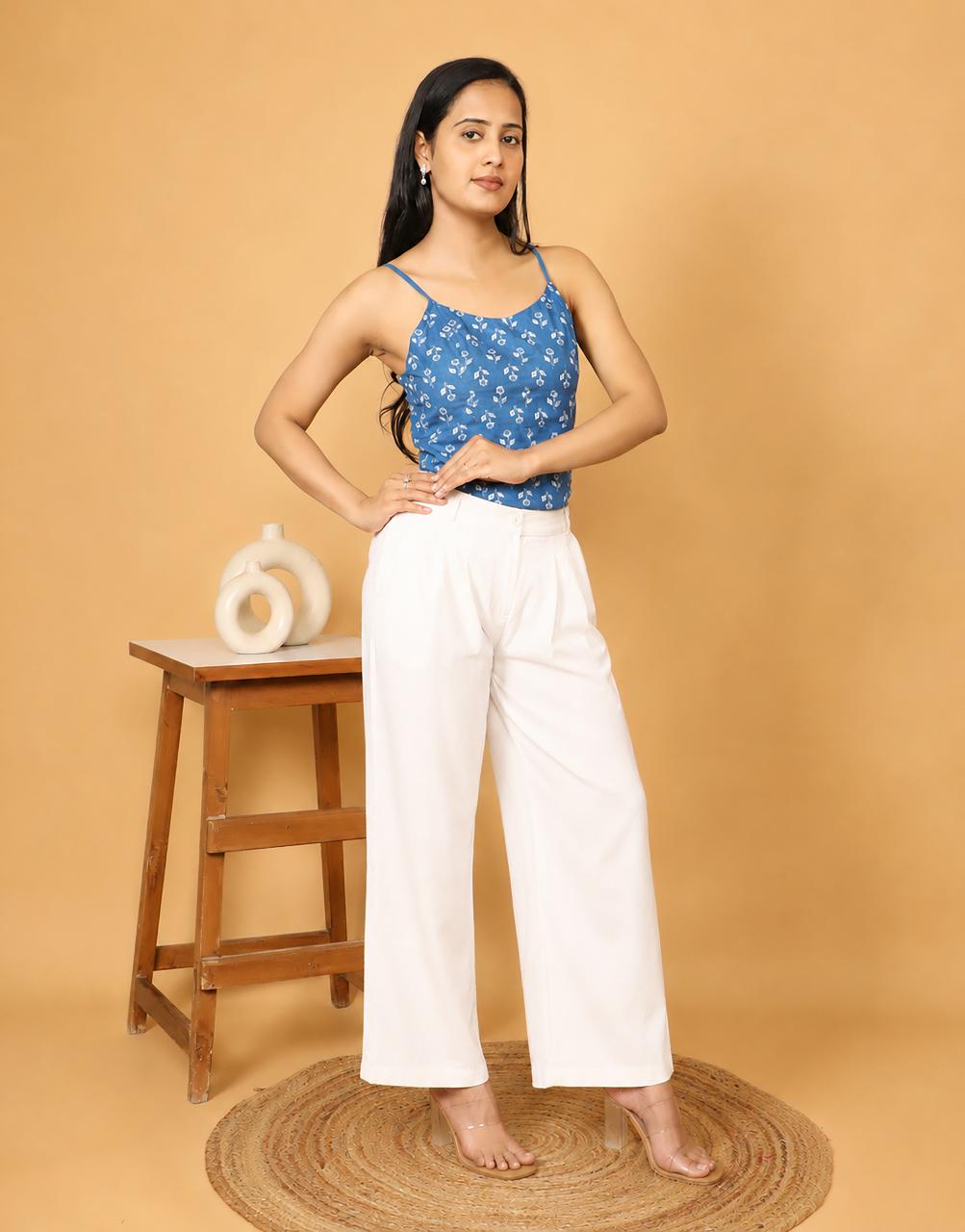 Blue Printed Sleeveless Short Top