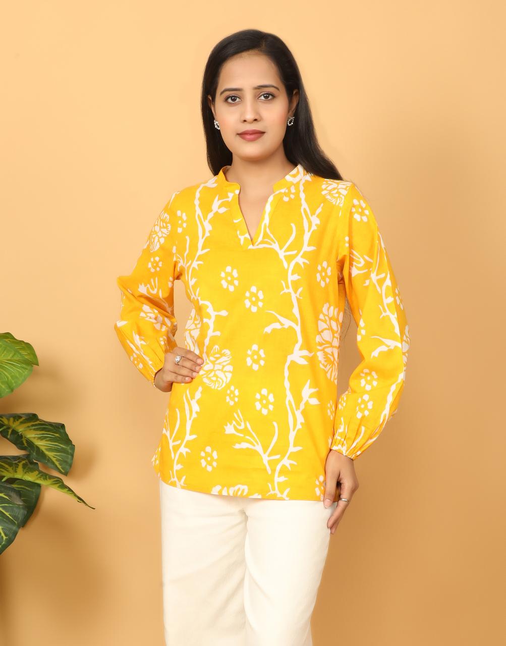 Womens Stylish Yellow Printed Cotton Top