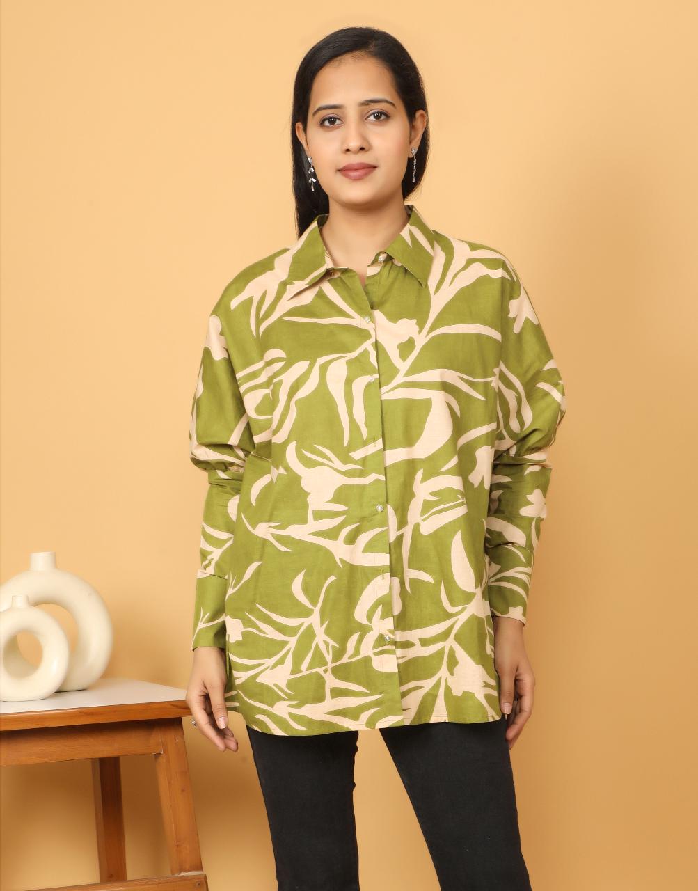 Olive Green Printed Cotton Stylish Top