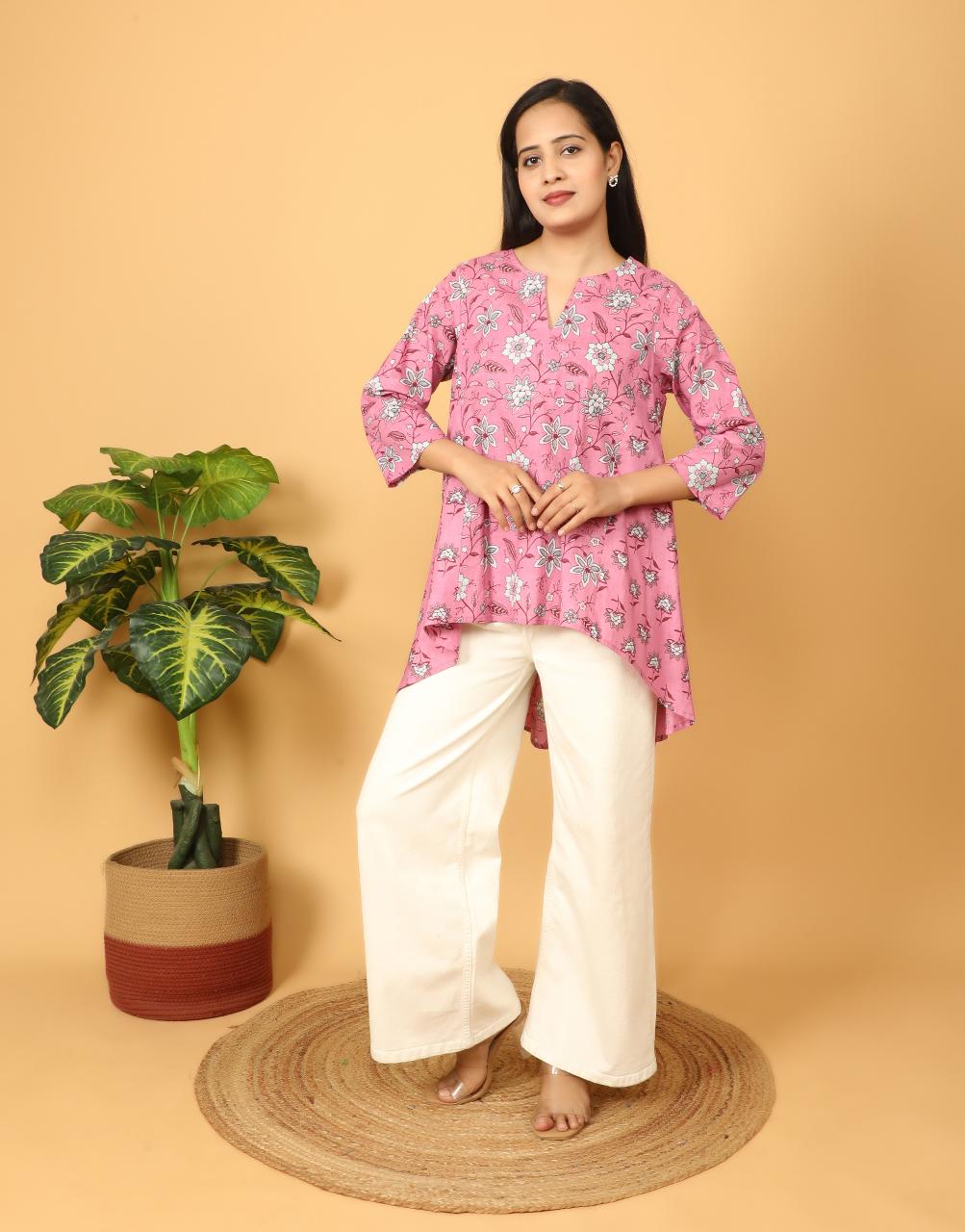 Pink Floral Print Cotton Straight Top