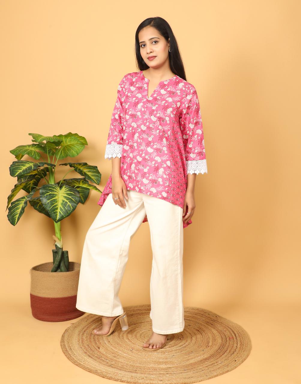 Women's Stylish Pink Printed Cotton Top