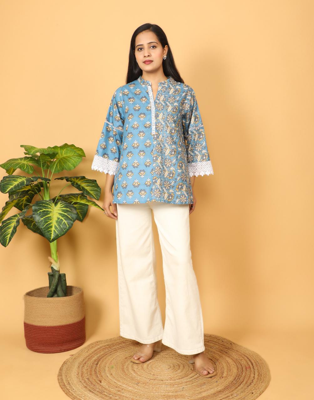 Blue 3/4th Sleeve printed top